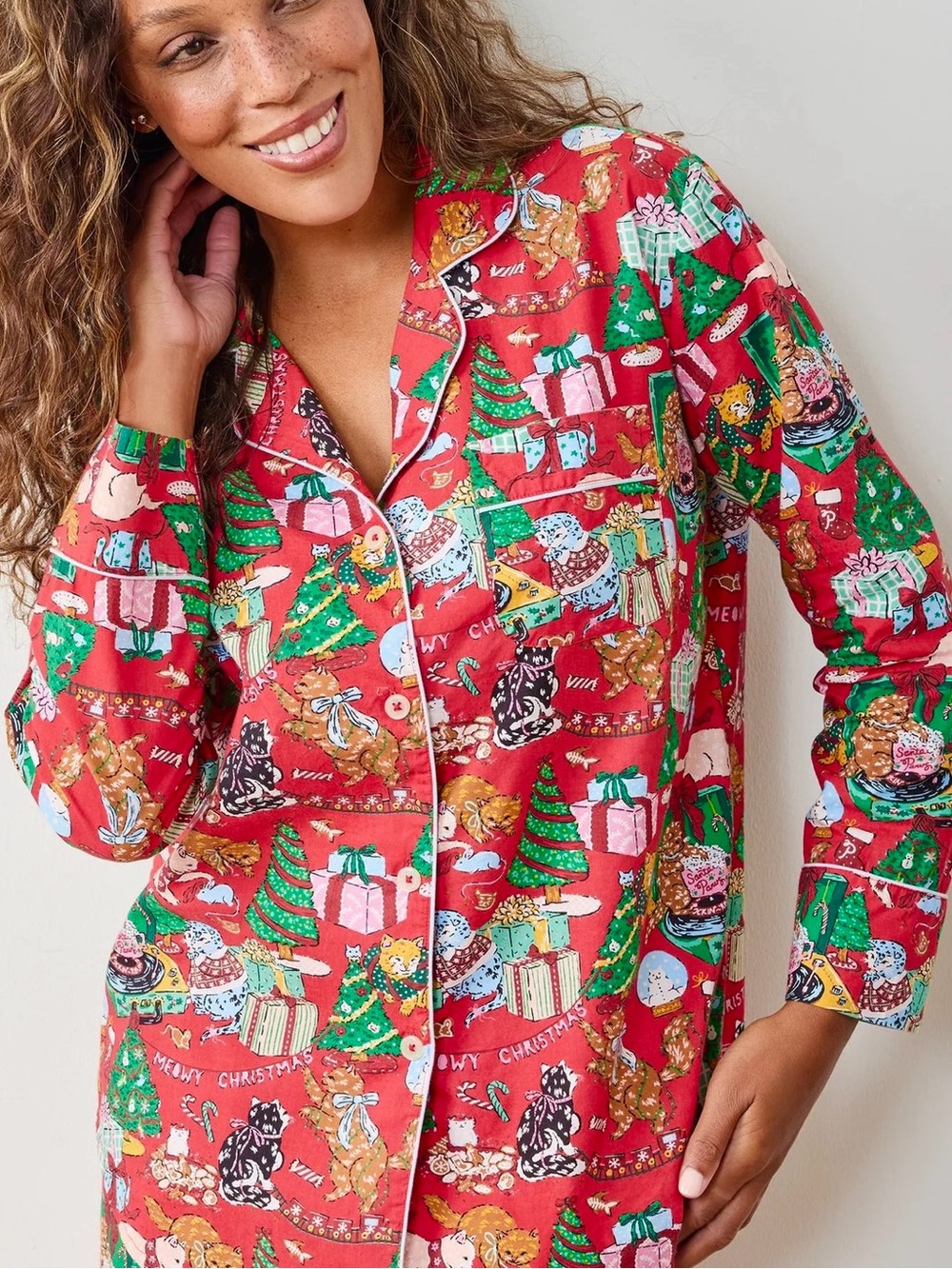 NWT Printfresh Meowy Christmas Pajama Top S Organic Cotton Cats Holiday